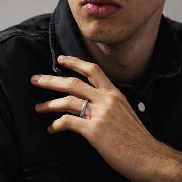 Men's Sterling Silver Snake Skin Wedding Band Ring Stacking Design - Picture 6 of 7